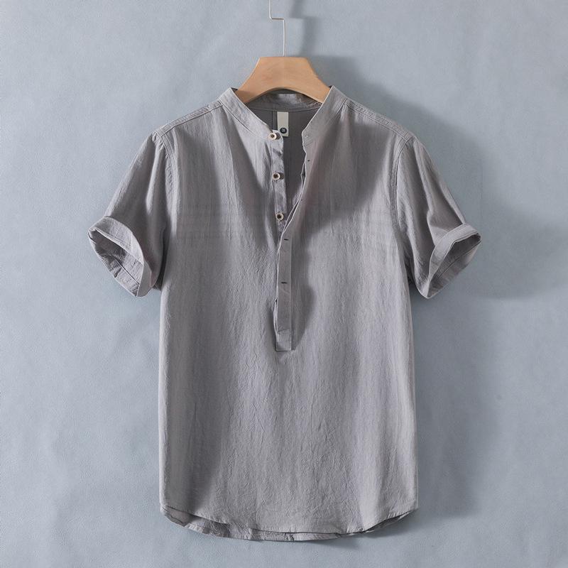 New Stand-up Collar Short-sleeved Cotton and Linen Shirt Men's Fresh Solid Color Loose Shirt