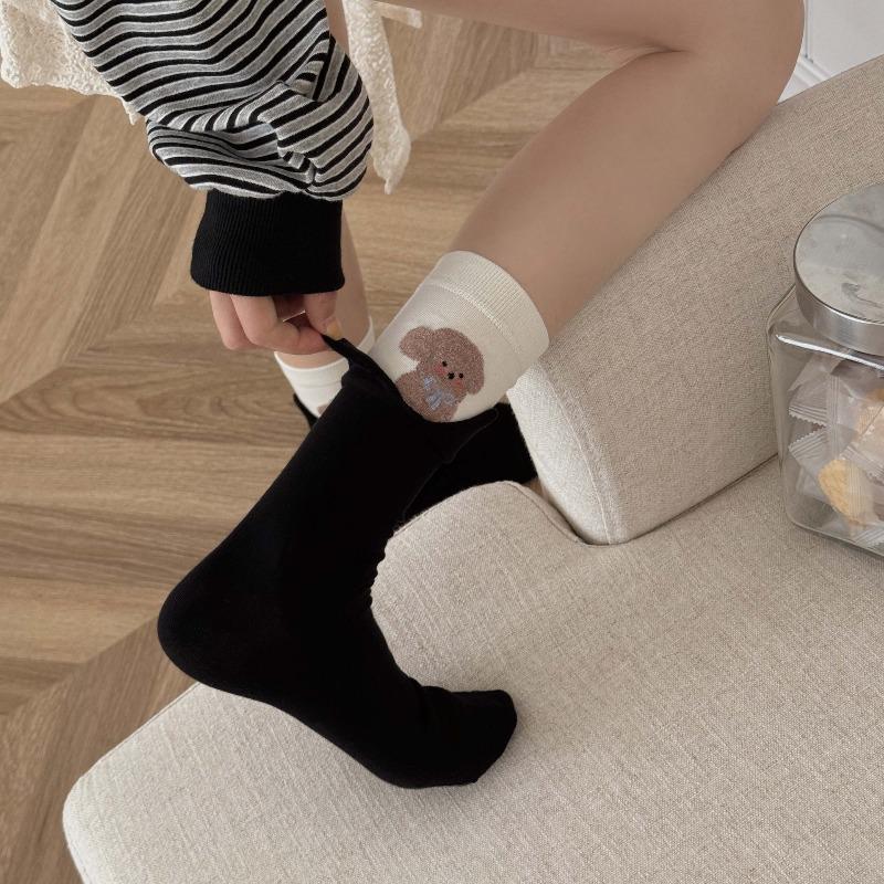Fall/Winter Cotton Socks with 3D Cartoon Animals Edging - Women's Mid-Calf Socks - Cute Plush Socks