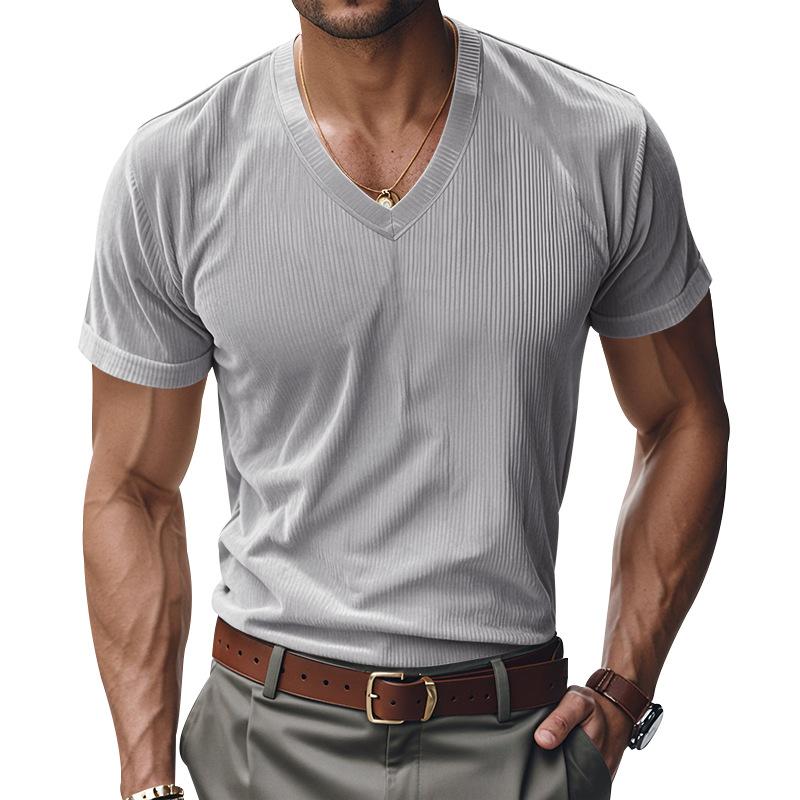 Men's Knit Tshirt Solid Color Short-Sleeved V-neck Slim Fit Casual Summer Basic Tee