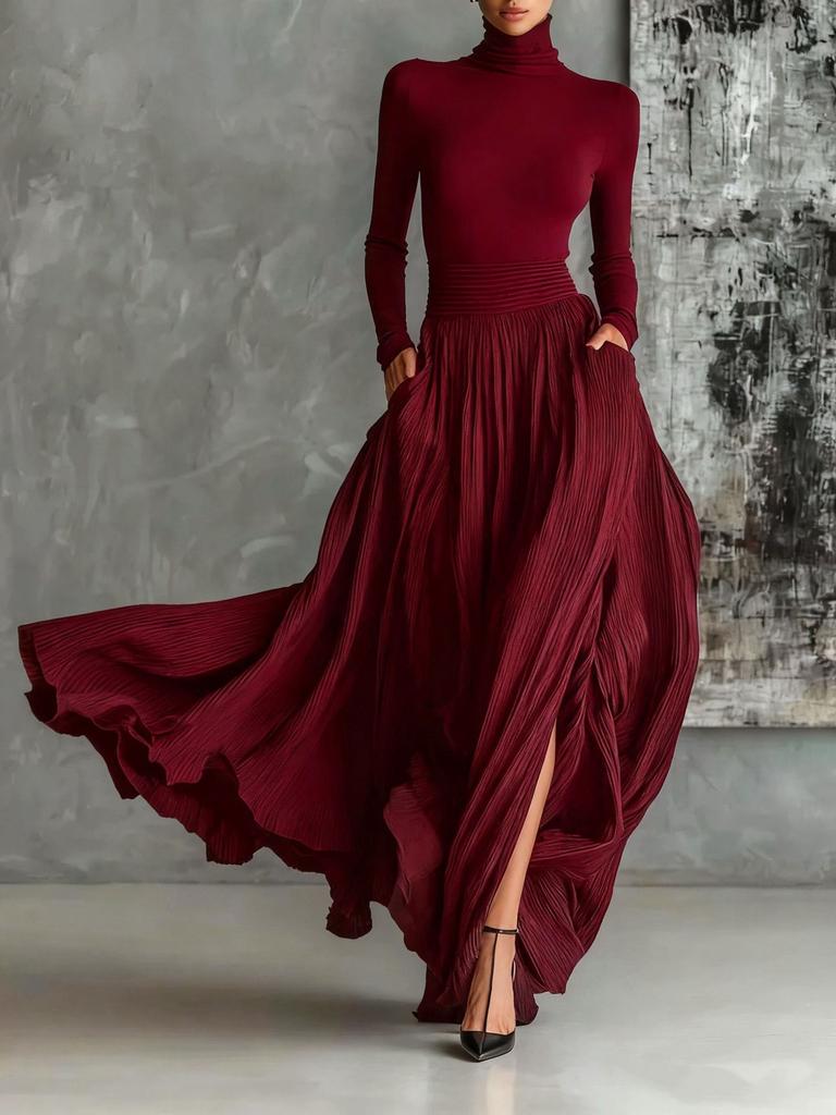 Black High Neck Long Sleeve Turtleneck Top and Pleated Wide Leg Skirt Set