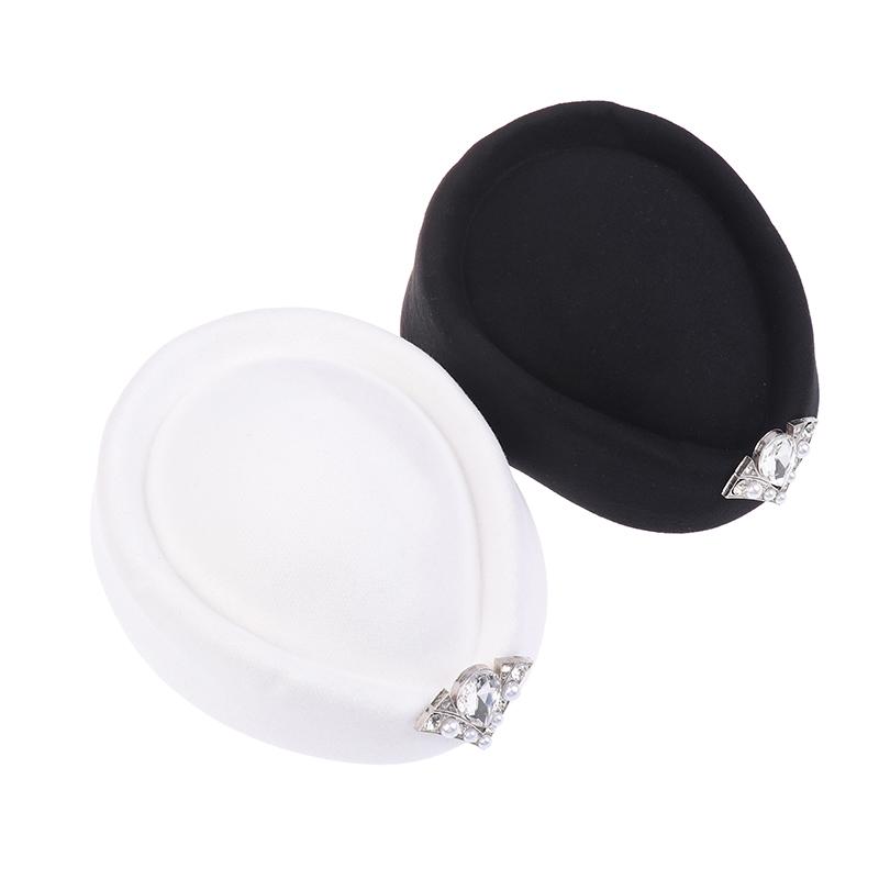 Vintage Rhinestone Hard Top Flat Fedoras Hats French Cashmere Wool Hat Casual Flight Attendant Hat Party Dress Pillbox Hat