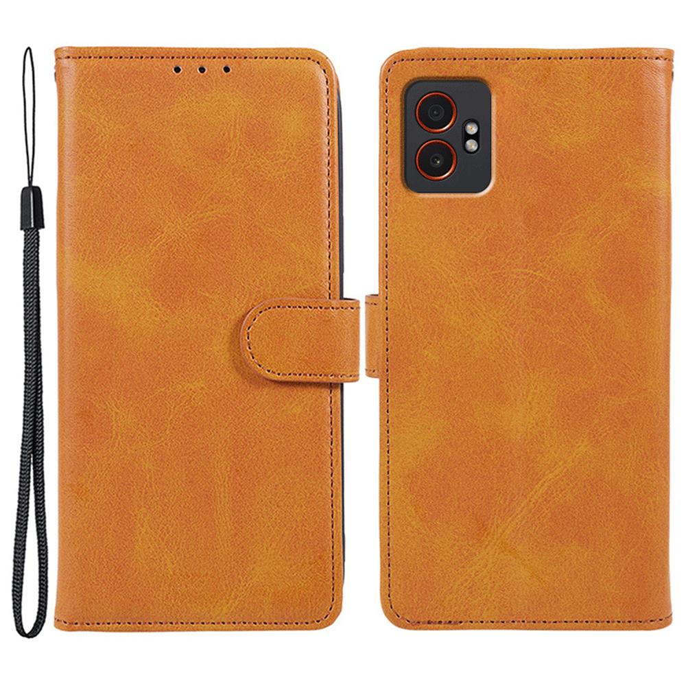 For Samsung Galaxy XCover7 Pro Case Calf Texture PU Leather Wallet Phone Cover with Wrist Strap