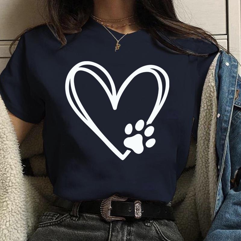 Personalized Creative Heart Dog Paw Print Pattern Printed Tee Women's Funny Casual Shirt Tops Loose Round Neck T-Shirt