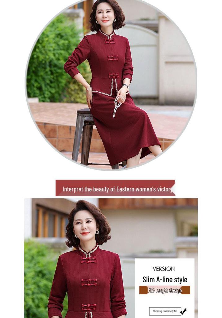 Stylish Two-Piece Faux Dress for Women - Mid-Age Spring/Autumn Design with Belly-Concealing Frog Button
