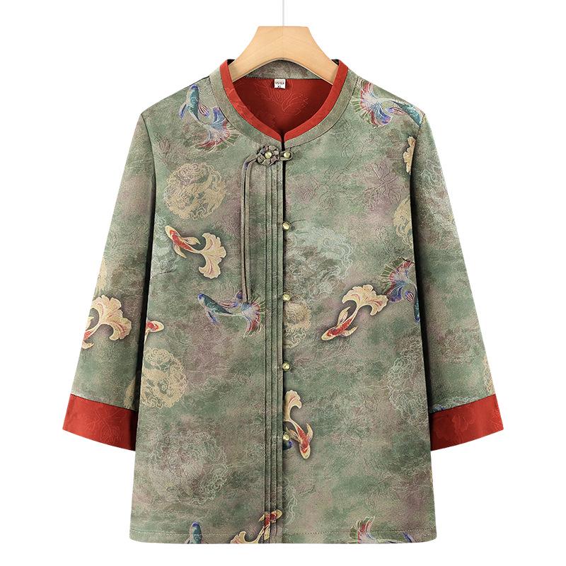 

Mom s Summer Chinese Style Women s Two-Piece Shirt & Cardigan Set for Elderly 4XL (for 125-140 jin)