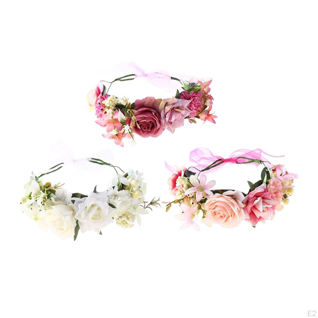Flower Headband, Floral Wreath with Adjustable Ribbon Hairband, Bride , Headdress for Weddings