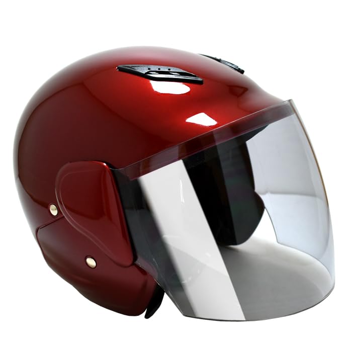 Stylish helmet for and mopeds up to with a in candy and meets SG semi-jet motorcycles, scooters, 125cc, shield, red, standards.