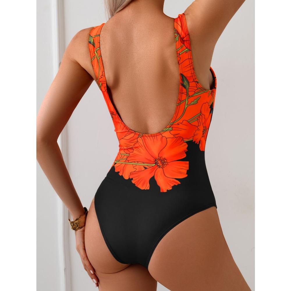 Costume da bagno intero da donna aderente con vita avvolgente, scollo rotondo, stampa floreale nero con fiori rosa, alta elasticità per spiaggia, piscina, estate
