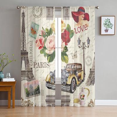 Paris Vintage mit Retro-Auto-Rosen, Chiffon-Vorhänge für Wohnzimmer, Schlafzimmer, Küche, Dekoration, Fenster, Voiles, Tüllvorhang