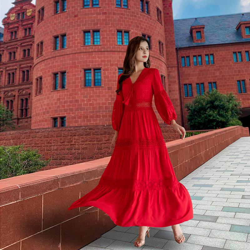 

2025 Retro Fairy V-neck Puff Sleeve Summer Dress Large