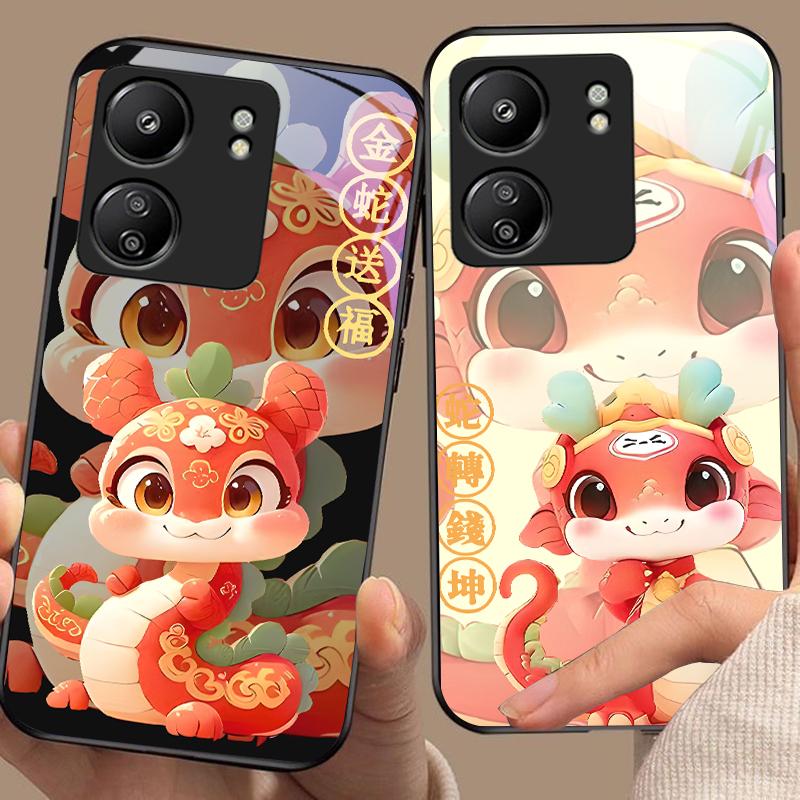 New Cartoon Snake For Xiaomi Redmi 13C Note13 12 Pro Plus 5G Note 9 13T Pro POCO X6 F5 F6 Black Tempered Glass Phone Case