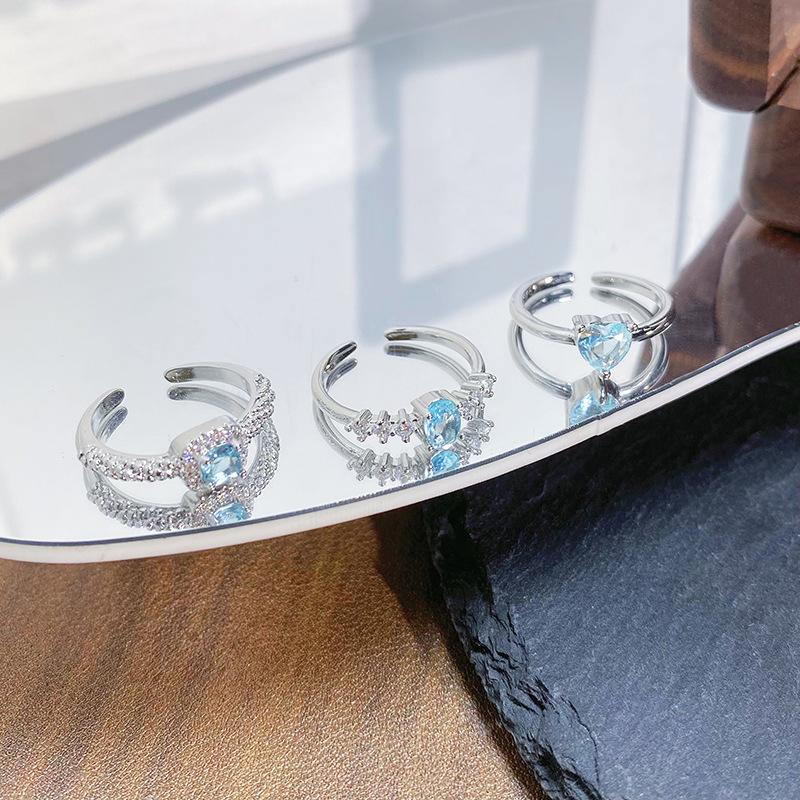 Light Luxury High-End Sea Blue Zircon Light Luxury Sugar Cube Love Open Ring Niche Stacking Wearing Colored Treasure Exquisite Ring