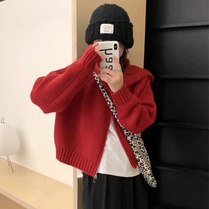 Double Zipper Hooded Knitted Cardigan Women's Autumn Lazy Style Niche Design Sense Stacked Wearing Short Chic Coat