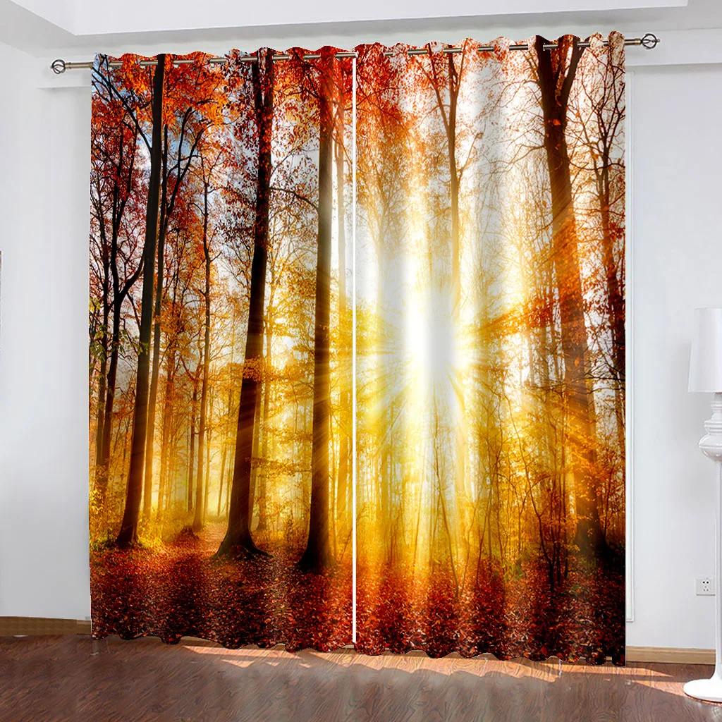 3D Curtain Tree Scenery for Bedroom, Autumn Forest Sunset Print, Light Curtain, Essential Polyester, 2 Panels