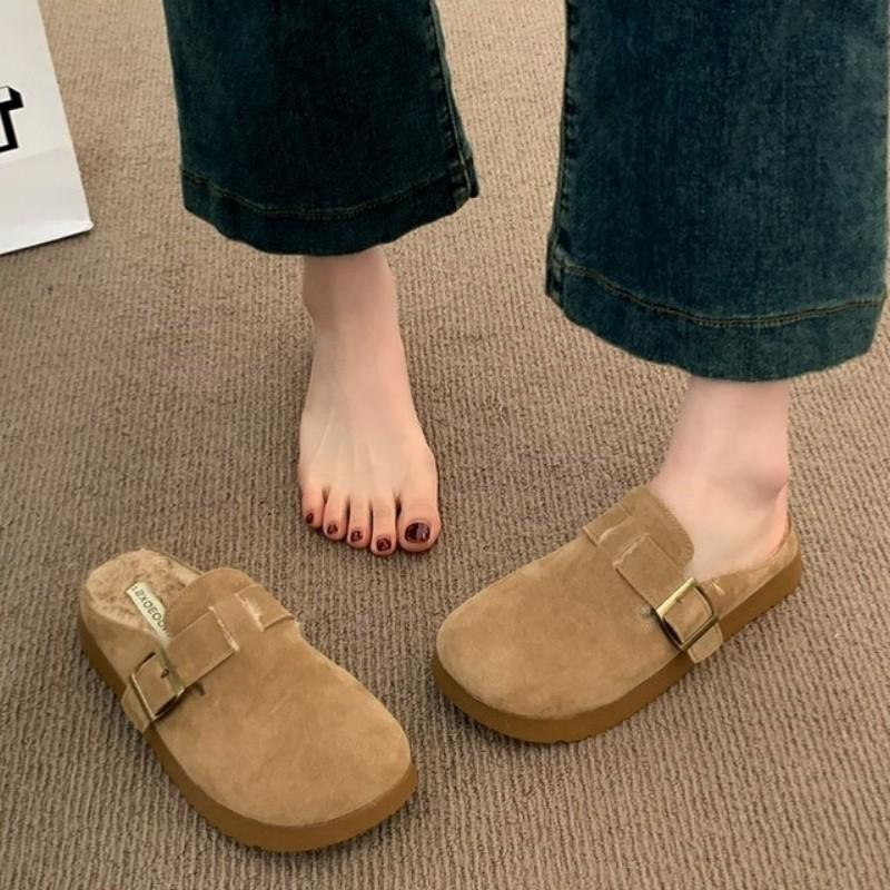 Thick-soled fluffy Birkenstock half-slippers, winter new one-pedal lazy shoes, velvet cotton slippers