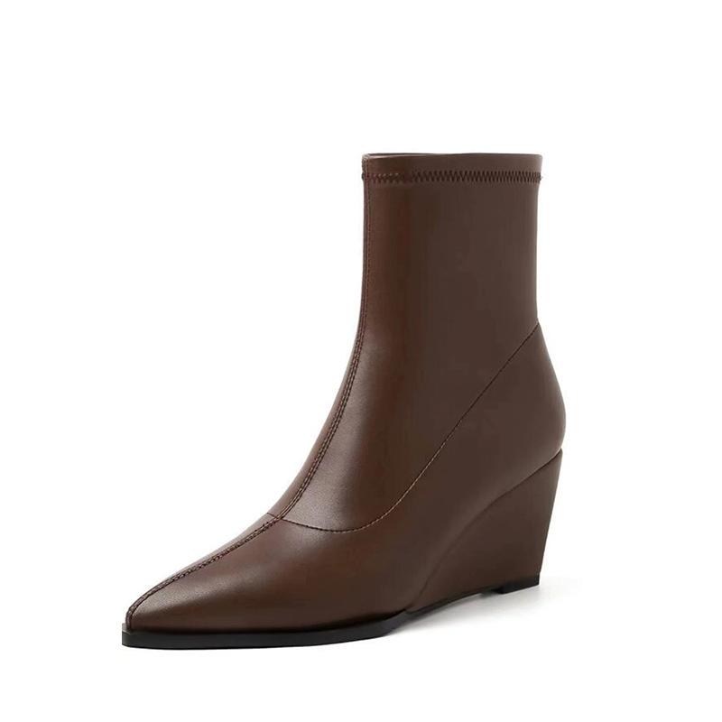 

Женские ботильоны с острым носом, модные, элегантные, из натуральной кожи, на толстом каблуке 7 см, женские современные короткие ботильоны, туфли на танкетке 35