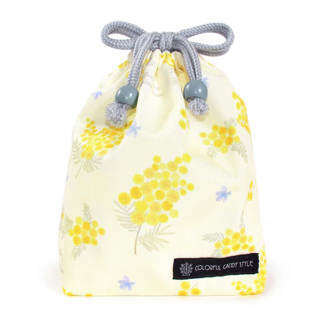 COLORFUL CANDY STYLE Small Drawstring Bags (with Name Tags), Water-Repellent, No-Iron, Mimosa Fleur (All-Over Print), Set of 3, Cute for Girls, Kids,