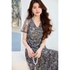 26 year new summer high-end Chinese style V-neck mid length skirt with a high-end feel and slimming short sleeved skirt A-line skirt dress