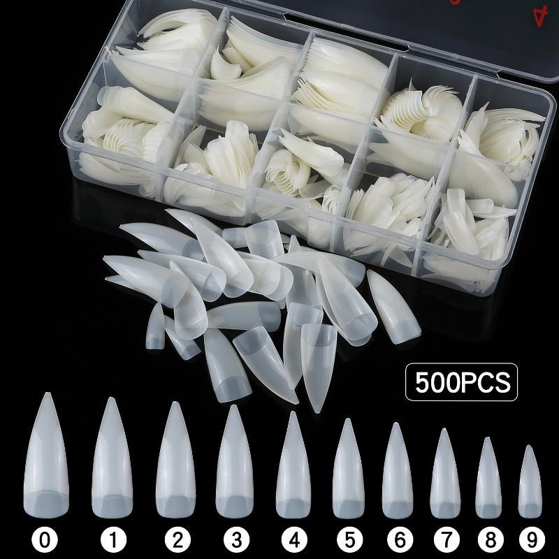 500Pcs/Box Diy Manicure Extension Tools Stiletto Nail Tips Transparent False Press On Acrylic Nails Mixed Size Fake Nails