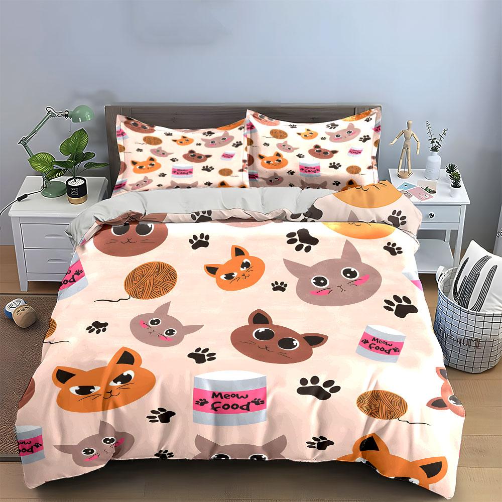 Cute Cat Faces and Paw Prints Bedding Duvet Cover Set (1*Duvet Cover 2*Pillowcases, Without Duvet Insert)