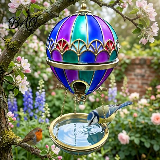 Wild Bird Water Station Hot Air Balloon Feeder, Retro Stained Glass Art Feeder with Bath Tray, Hanging for Outdoor Garden Patio Backyard Tray