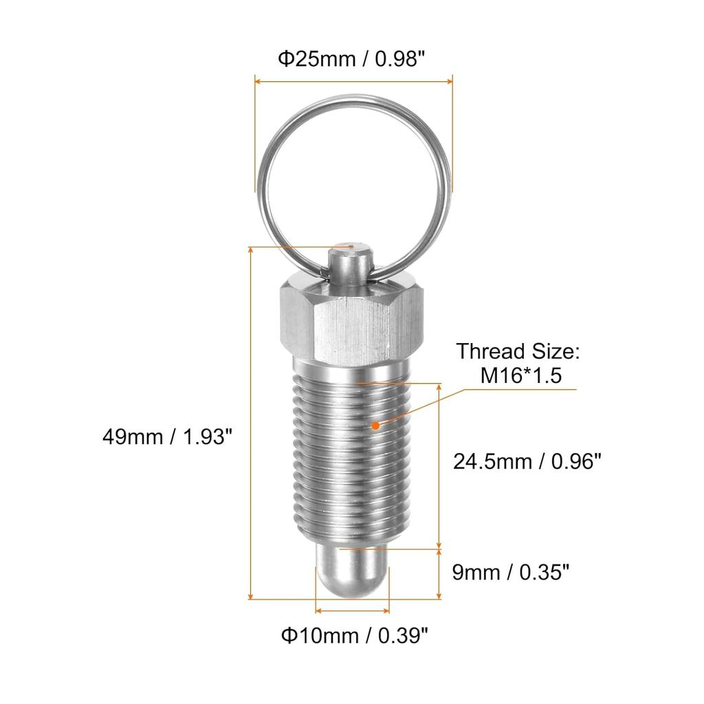 HARFINGTON 2Pcs Spring Plunger with Pull Ring M16x1.5 Thread Size 0.96" Thread Length Pin Dia.10mm Round Head Stainless Steel Non-Locking Retractable