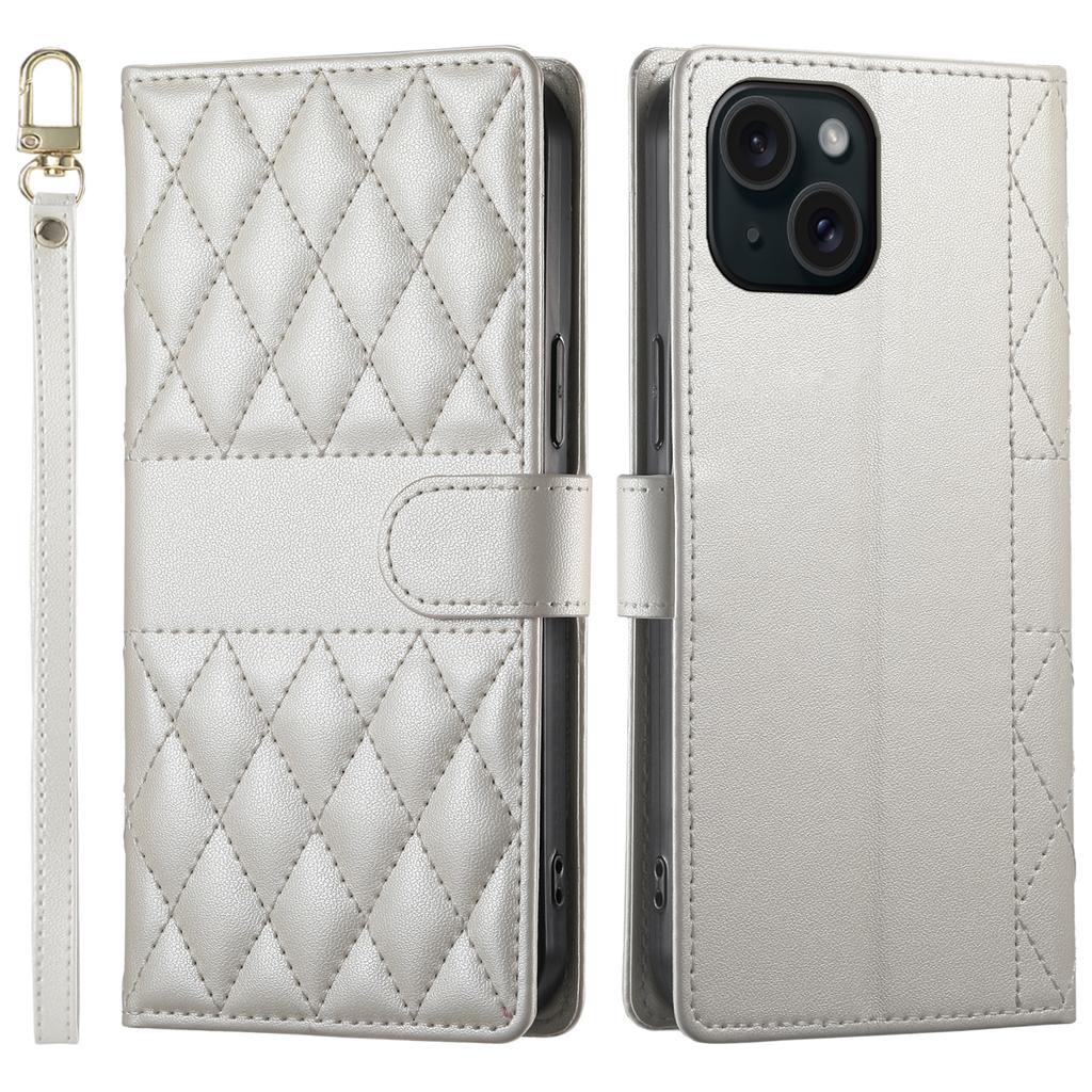 For iPhone 15 Case Rhombus Stitching Wallet Stand Leather Phone Cover with Long/Short Strap