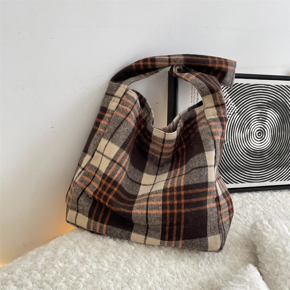 Contemporary Plaid Wool Crossbody Bag Soft Structure Large Capacity For Commuters Beige Brown Check