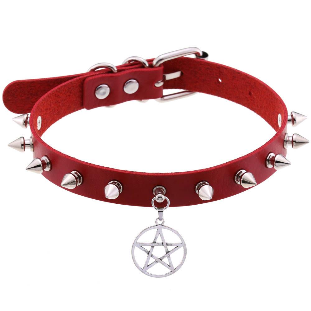Red Leather Spiked Choker Punk Collar Women Men Bat Heart Chocker Chunky Necklace Goth Jewelry Metal Gothic Emo Accessories