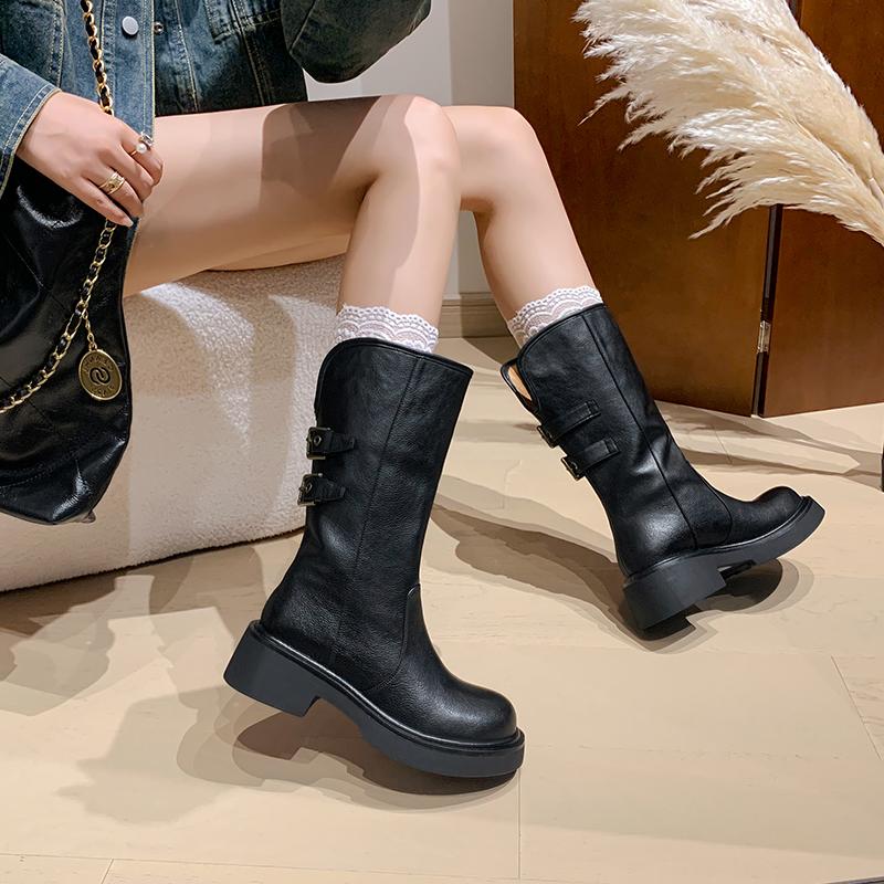 

мода Высокие каблуки Платформа Женские ботильоны Кожаная обувь Зима 2025 Новая мода Повседневные массивные ботинки Челси Зимние ботинки Туфли-лодочки Botas Mujer 39 чёрный