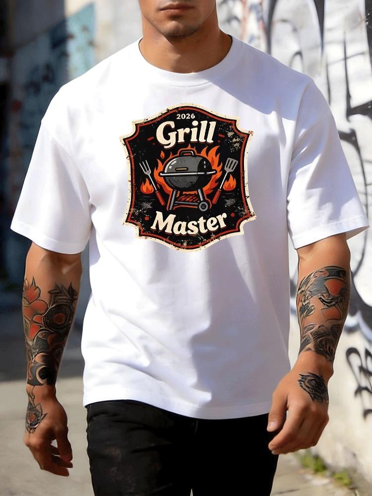 Vintage Grill Master Barbecue Badge Graphic Front Print Unisexs Crew Neck Short Sleeve Tee Casual Daily Soft Basic Wear Top