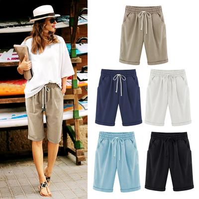 Verão feminino shorts cordão elástico na cintura na altura do joelho perna larga solta bolsos laterais fino plus size casual cor pura senhora calças curtas