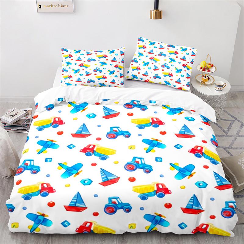 Kid Tractor Truck Duvet Cover Twin Cartoon Transportation Quilt Cover Polyester Construction Vehicle Bedding Set Car Theme Decor