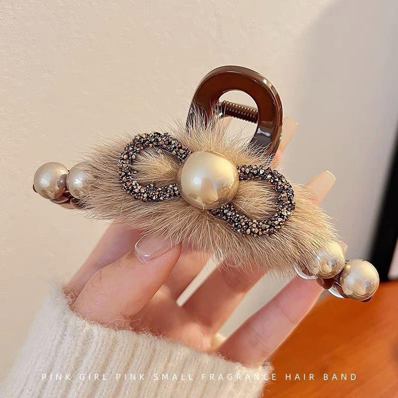 2025 New Year Red Plush Pearl Claw Clip - Stylish Women's Shark Hairpin Accessory for Buns and Hair Styling