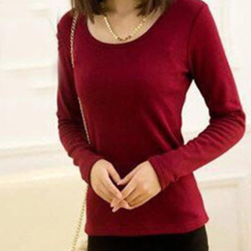 

women s Solid Color Fleece Lined Round Neck Long Sleeve T-Shirt Slim Fit Thermal Inner Wear Casual Basic Top 4XL бордовий