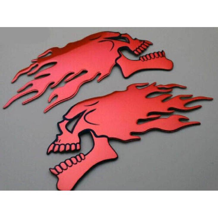 Red Flame 3D Skull Rubber Fuel Tank Side Fairing Fender Emblem Decal Sticker L/R