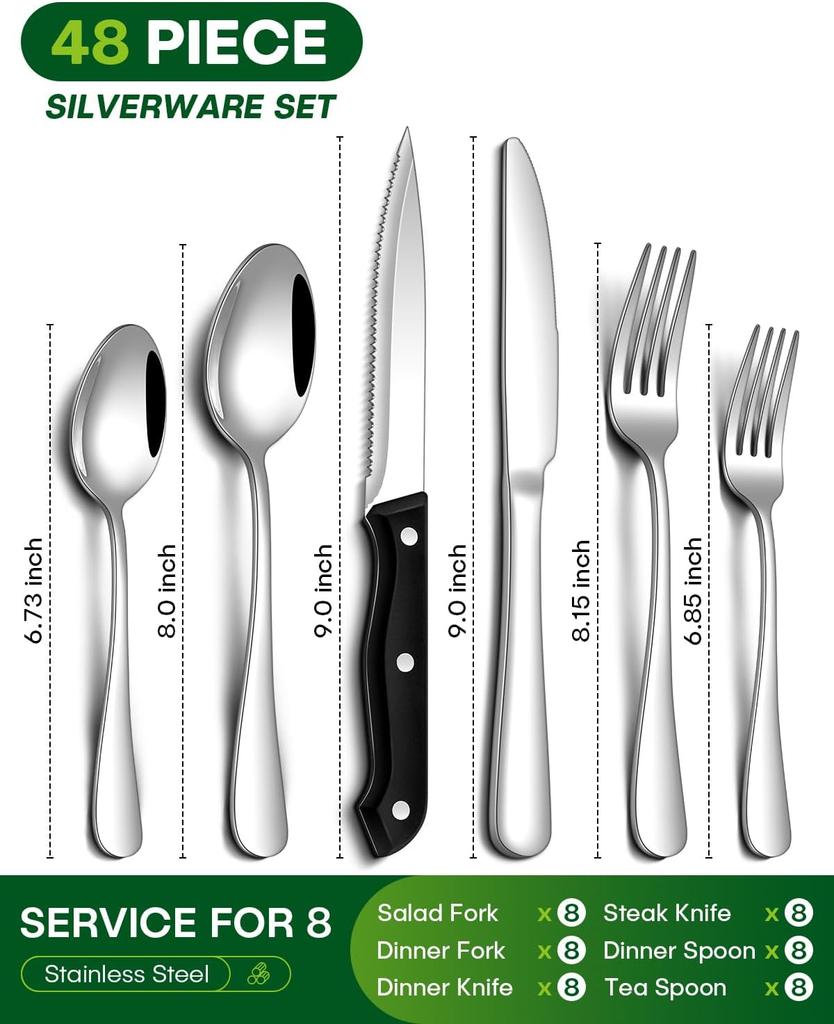 48 Pcs Flatware Silverware Set with Steak Knives for 8 Guests, Stainless Steel Mirror Cutlery, Dishwasher Safe Utensils Set