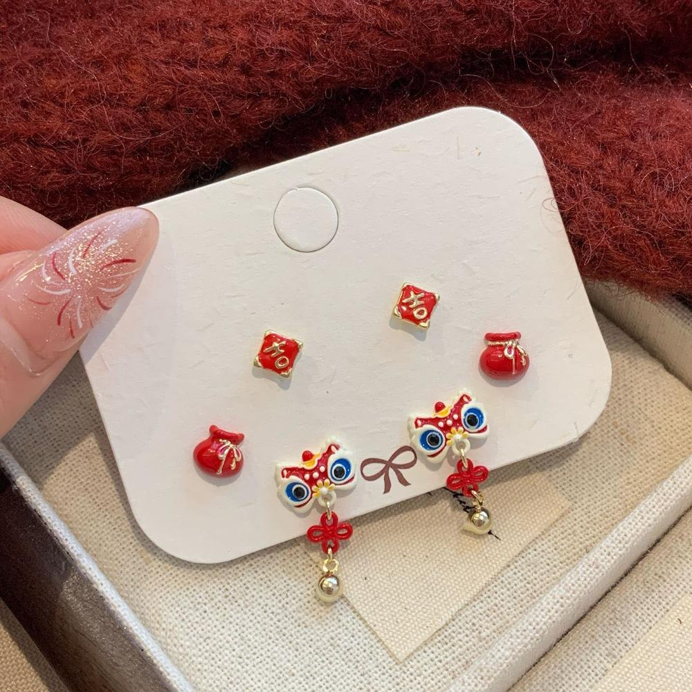 Good Luck Lion Dance Earrings Set Tassel New Year Earrings Trendy Bell Ear Studs  Ear Accessories