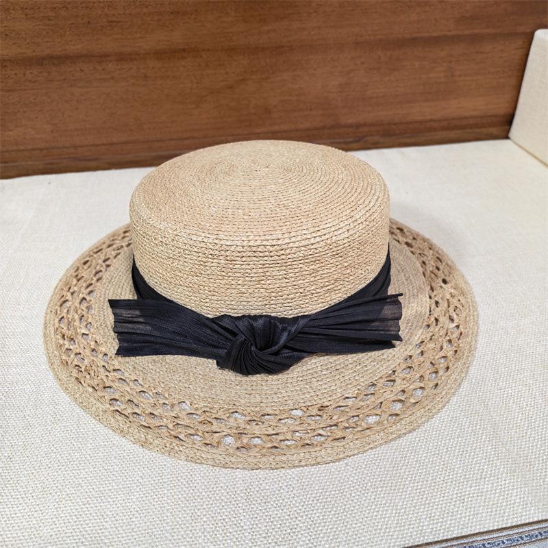 Silk Marafite Flat Top Hat French Hollow Out Shopping Shade Straw Hat Women's Spring and Summer, Flat Top Hat