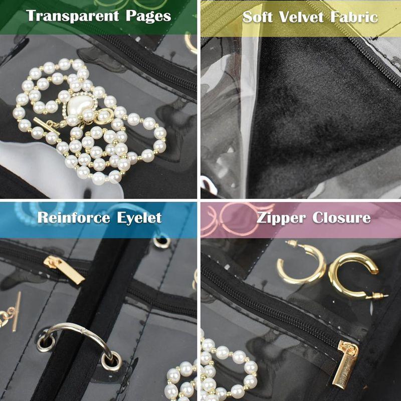 Travel Jewelry Organizer Bag Transparent Zippered Velvet Pouch Earring Ring Necklace Storage Case with Detachable Pages