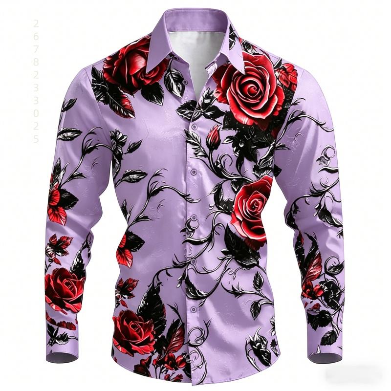 2026 New Men's Shirt with Black Background and Red Rose Print, Slim Fit and No Iron Business Casual Shirt, Versatile Top