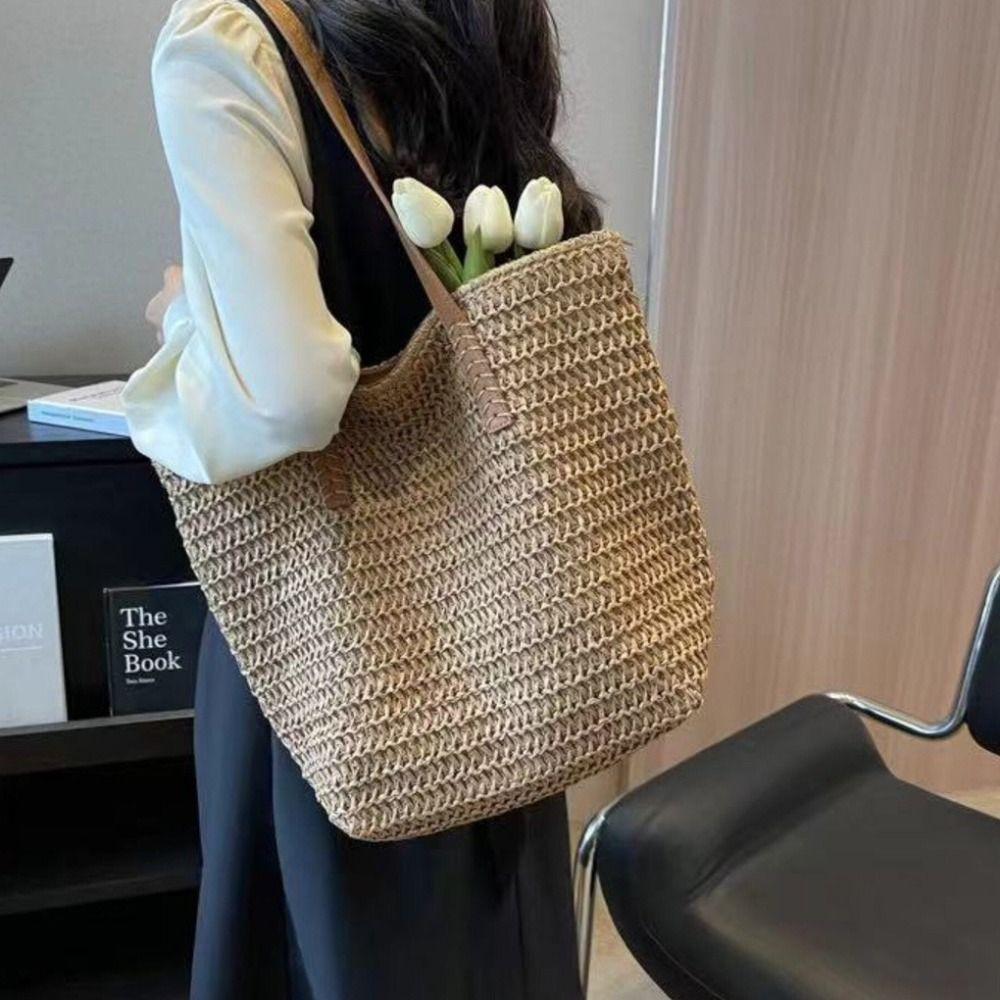 

Beach Handbag Weave Straw Bag Solid Color Hollow Tote Bag Fashion Zipper Beach Bag Travel бежевый