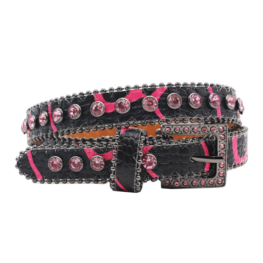 High-end Women's Patterned 2.3 Leather Belt with Pin Buckle and Rhinestones – European & American Punk Style.