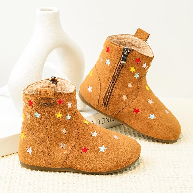 

Toddler Girls Thick Fleece Lined Leather Boots with Colorful Stars Winter Kids Ankle Boots Non-slip Simple School Boots 23 верблюд