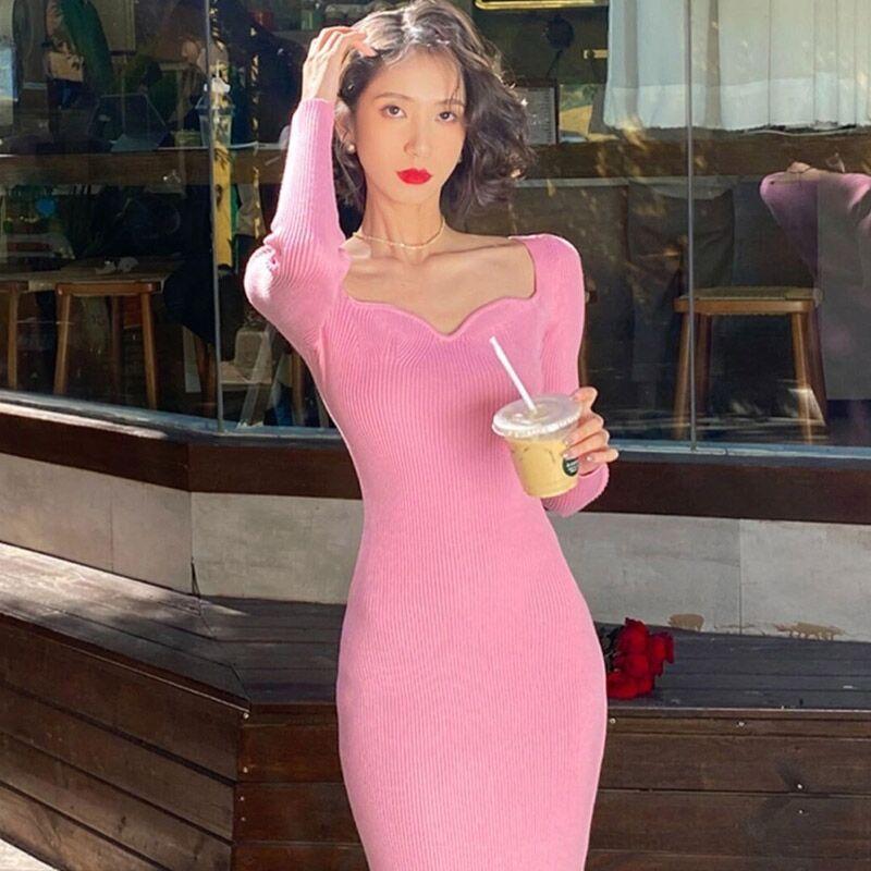 

Базовое трикотажное платье с длинным рукавом, весеннее новое темпераментное платье миди и макси с квадратным вырезом, с талией и тонкой внутренней юбкой XL
