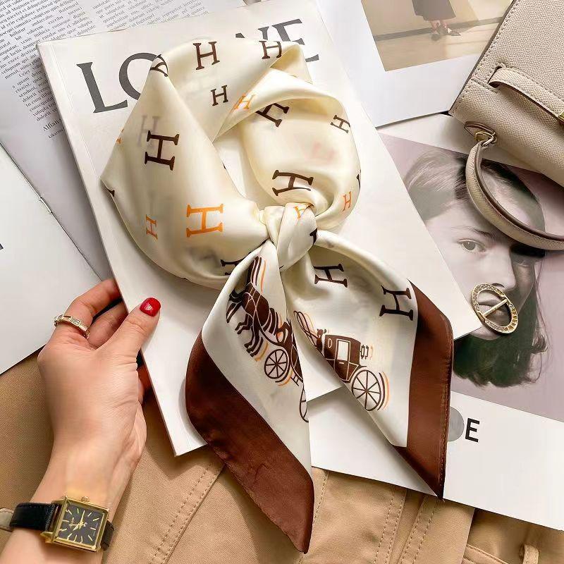 High-End Women's Lightweight Silk Square Scarf - Temperament Print Neckerchief for Neck Protection and Decoration.