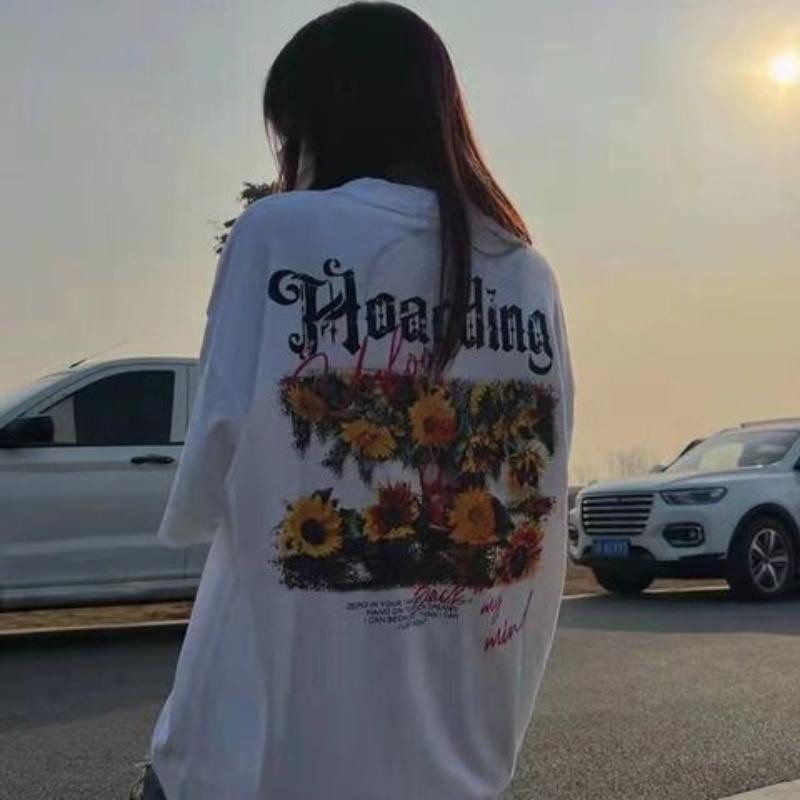 Plus Size Cotton T-Shirt Summer Lazy Style Short Sleeve Women's Top Couple Matching Loose Fit Casual Cartoon Print Tee 90kg Wear