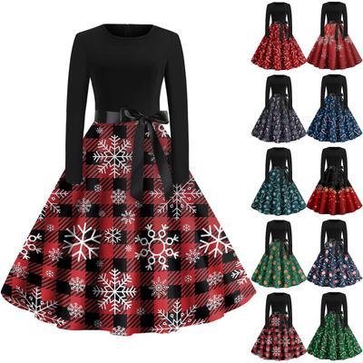 Sukienka rozkloszowana z nadrukiem świątecznym dla kobiet z długim rękawem, sukienka Hollow Party Casual Dresses