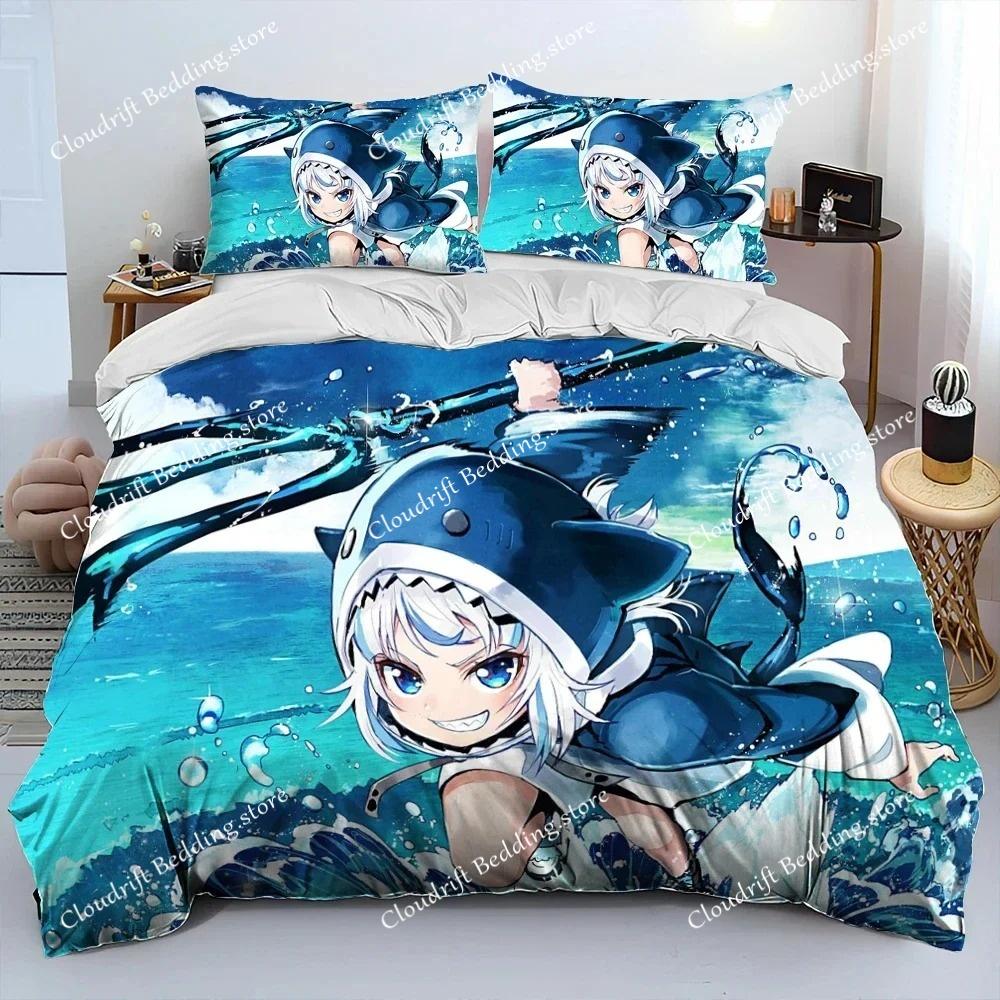 Cute Gawr Gura Hololive Anime Shark Bedding Set Duvet Cover Bed Set Quilt Cover Pillowcase Comforter King Queen Size Boys Adult