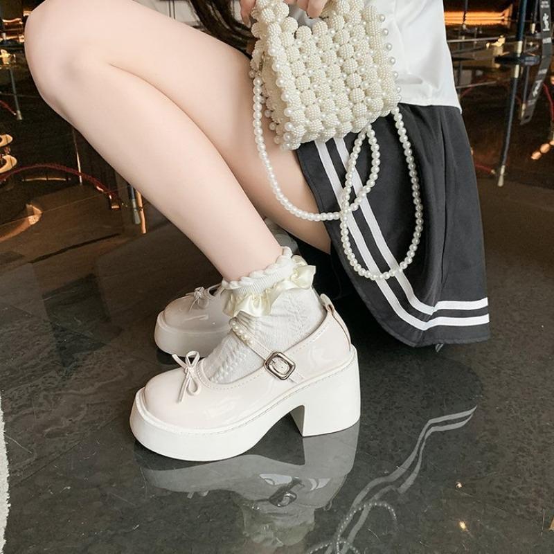Pearl Belt Platform Mary Jane Shoes Autumn New Bow Thick Heel Single Shoes Women's Versatile Casual Women's Shoes